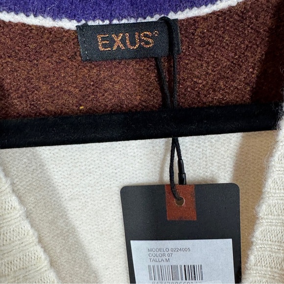 EXUS Striped Knit Sweater V-Neck Brown Cream Blue Size M Women’s Casual Pullover - Picture 6 of 13